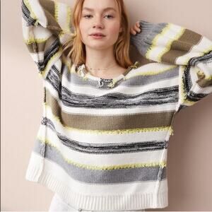 Lou & Grey Green White Striped Fringe Time Pullover Sweater Women's Small